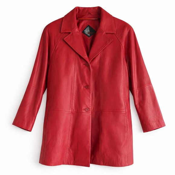 TIBCA Leathers Red Genuine Leather Blazer Jacket 14P Petite Luxury Coat - Picture 4 of 9